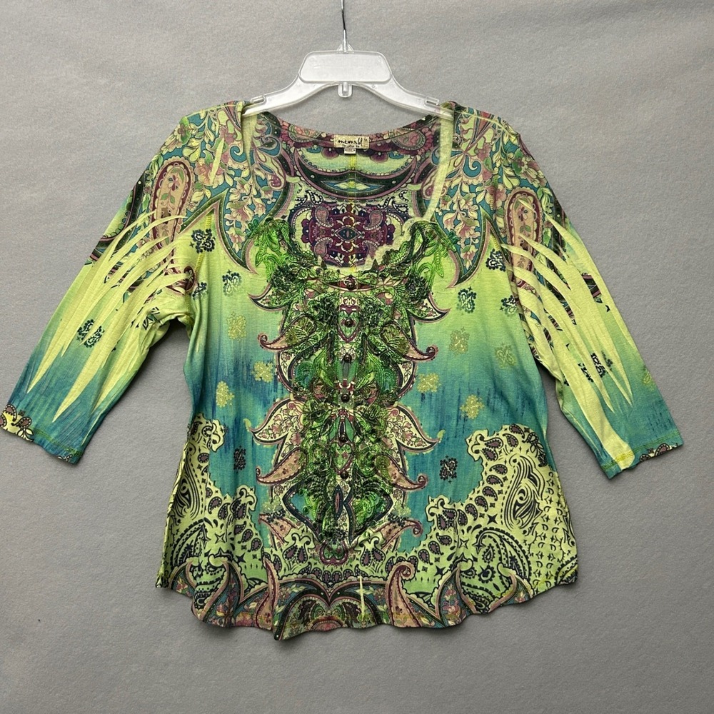 One World Women 1X Knit Top Green Paisley Y2K Boho Lace 3/4 Sleeve